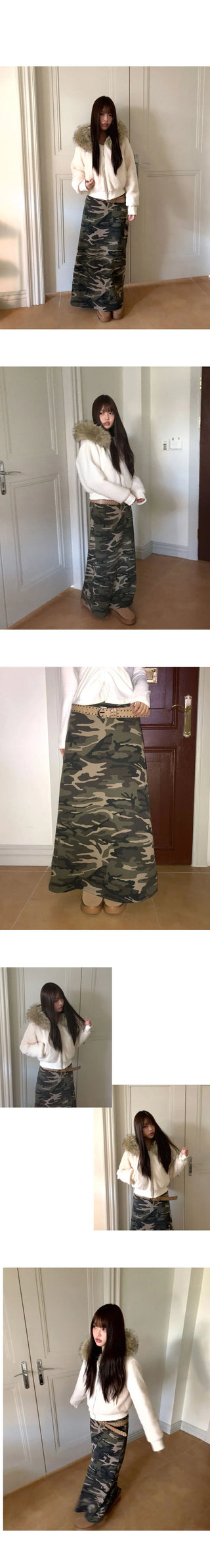 Seha Camo Banding Fleece-lined Long Skirt