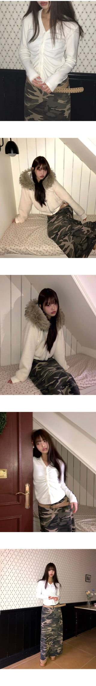 Seha Camo Banding Fleece-lined Long Skirt
