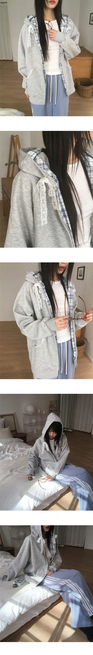 Kidder Check Lace Overfit Hooded Zip-Up