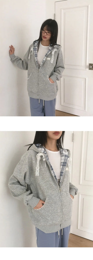 Kidder Check Lace Overfit Hooded Zip-Up
