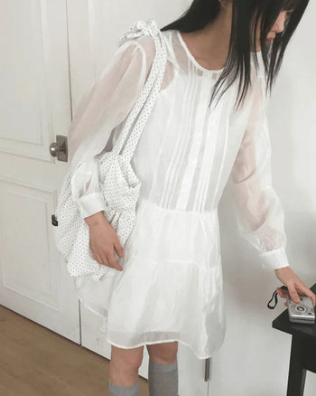 OKO See-through pin tuck button layered mini Dress