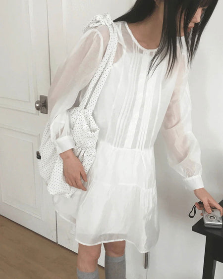 OKO See-through pin tuck button layered mini Dress