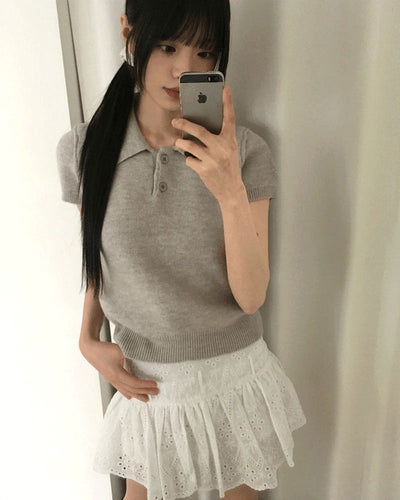 Le Do Cara Split Button Short Sleeve Knitwear