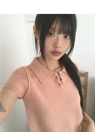 Le Do Cara Split Button Short Sleeve Knitwear