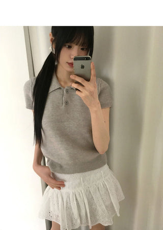 Le Do Cara Split Button Short Sleeve Knitwear