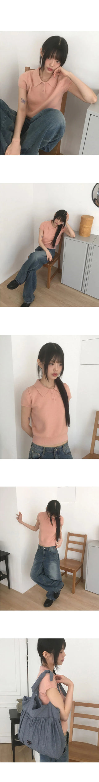 Le Do Cara Split Button Short Sleeve Knitwear