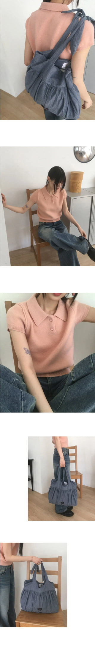 Le Do Cara Split Button Short Sleeve Knitwear