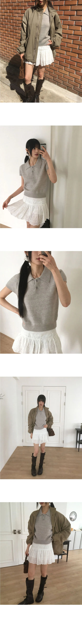Le Do Cara Split Button Short Sleeve Knitwear