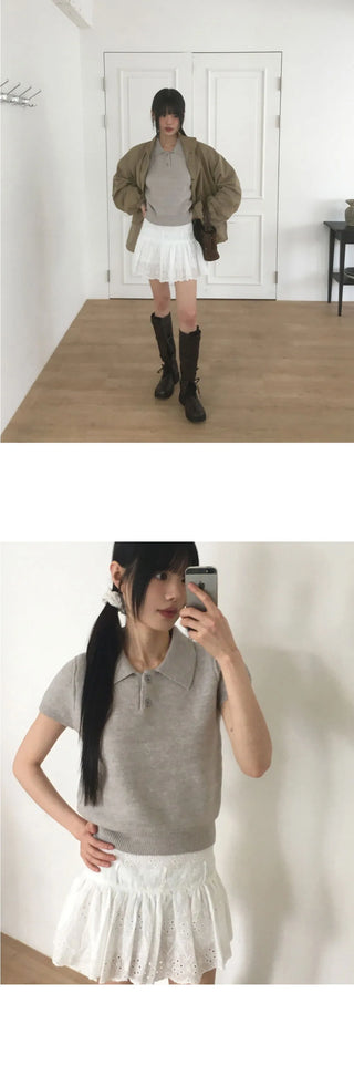 Le Do Cara Split Button Short Sleeve Knitwear