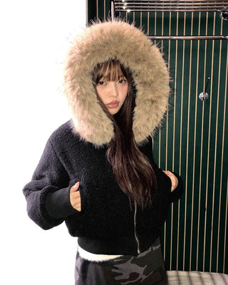 Rurin Pogle Fur Nubby Short Hooded Zip-up