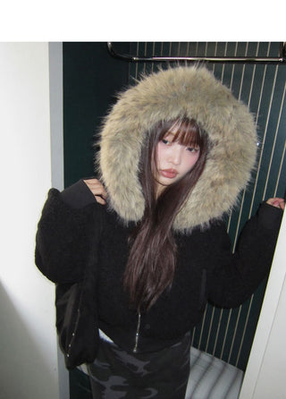 Rurin Pogle Fur Nubby Short Hooded Zip-up