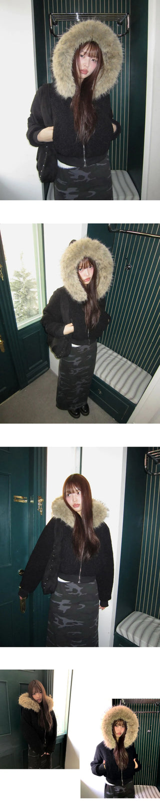 Rurin Pogle Fur Nubby Short Hooded Zip-up