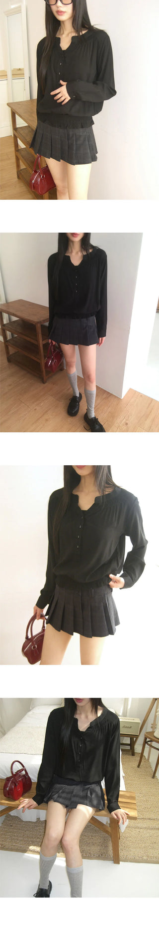 Moan henley neck button shirring blouse