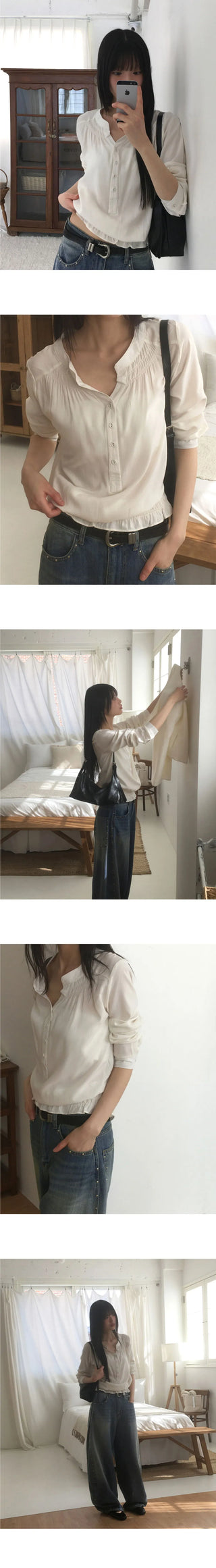 Moan henley neck button shirring blouse
