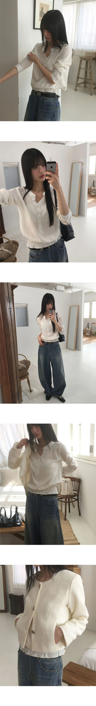 Moan henley neck button shirring blouse