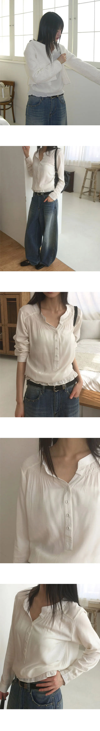 Moan henley neck button shirring blouse