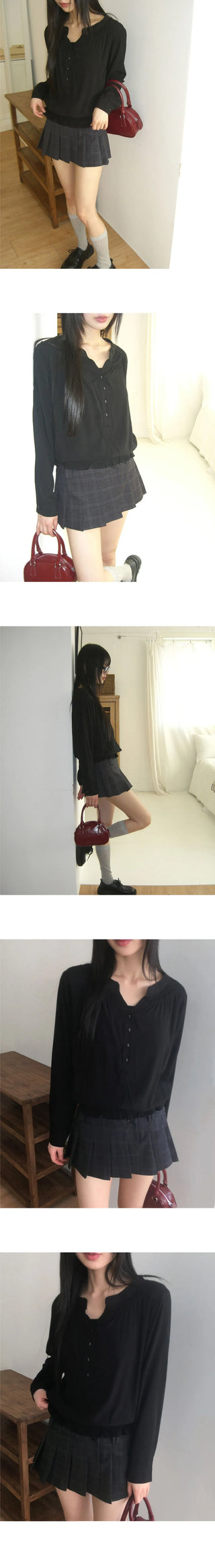 Moan henley neck button shirring blouse