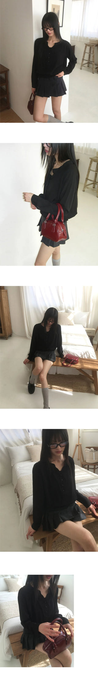Moan henley neck button shirring blouse