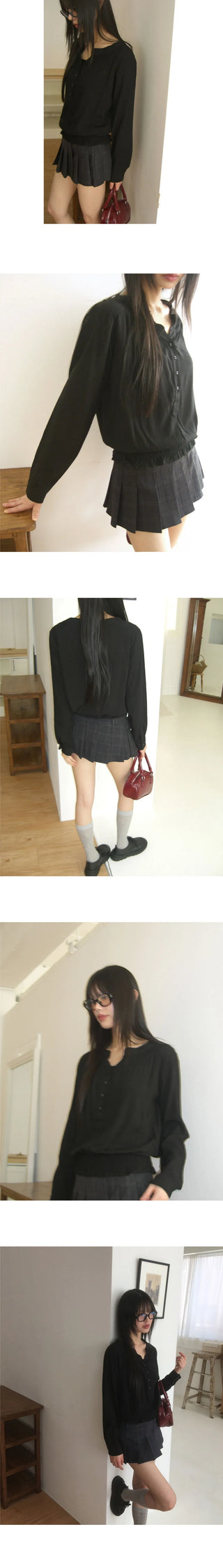 Moan henley neck button shirring blouse