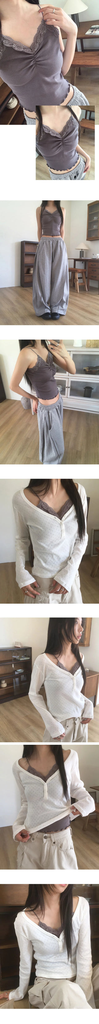 Wenmue Lace Shirring Layered Sleeveless