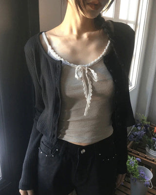 Fruit Ribbed Lace Ribbon Inner Layered Sleeveless