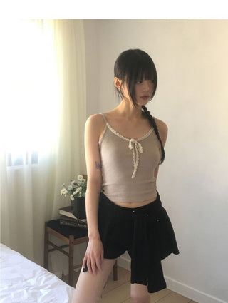 Fruit Ribbed Lace Ribbon Inner Layered Sleeveless