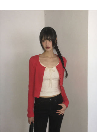 Fruit Ribbed Lace Ribbon Inner Layered Sleeveless