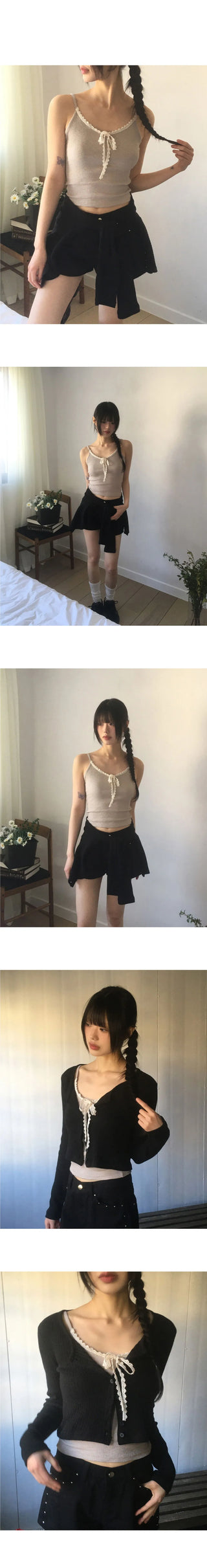 Fruit Ribbed Lace Ribbon Inner Layered Sleeveless