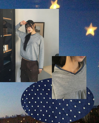 Peo Dot Color Block Shirring Hooded T-Shirt
