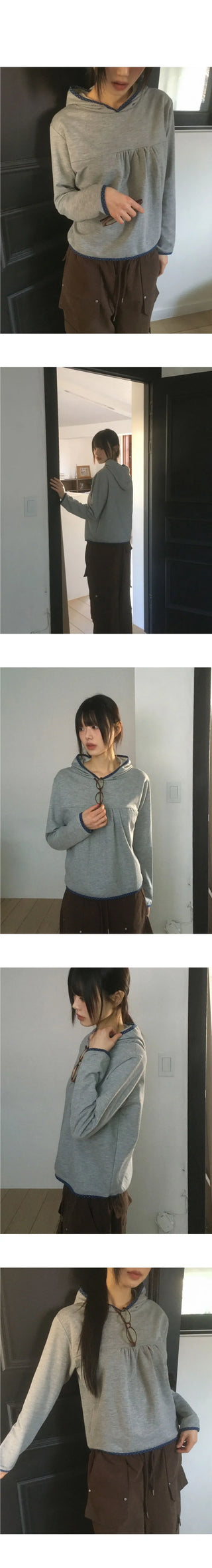 Peo Dot Color Block Shirring Hooded T-Shirt