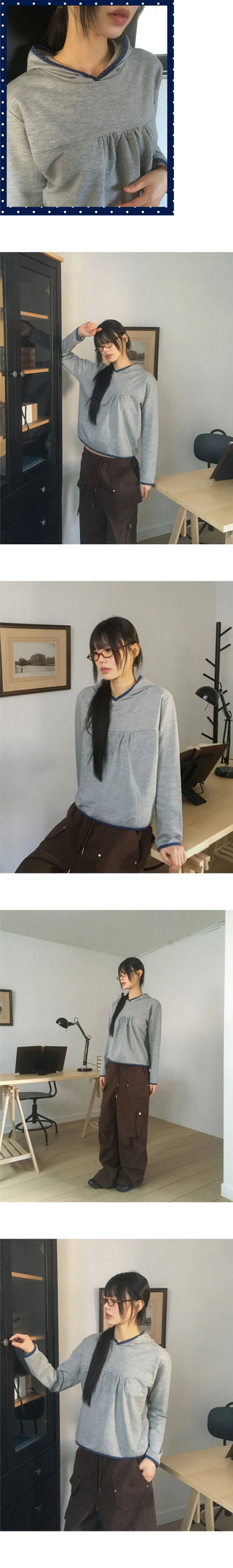 Peo Dot Color Block Shirring Hooded T-Shirt