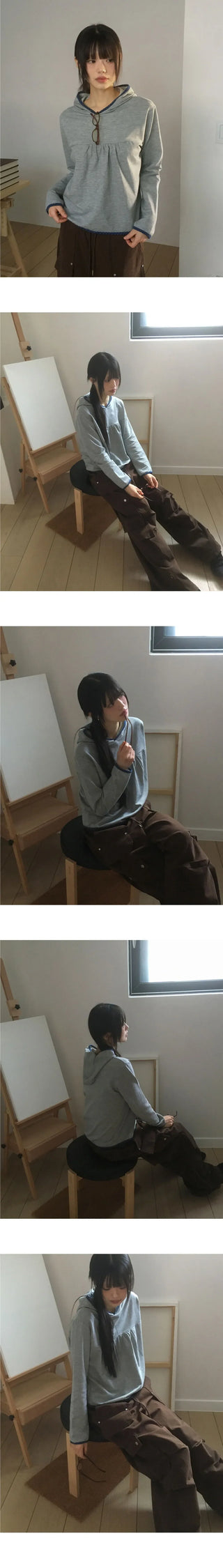 Peo Dot Color Block Shirring Hooded T-Shirt
