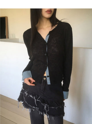 Kens check color block slab cardigan