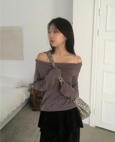 Angel Vintage Antique Button Off Shoulder Long Sleeve T-Shirt
