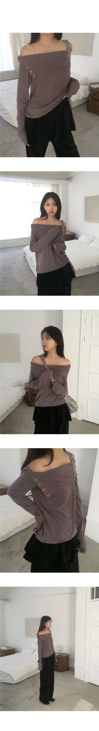 Angel Vintage Antique Button Off Shoulder Long Sleeve T-Shirt