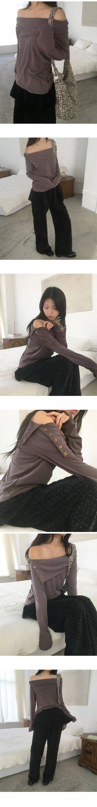 Angel Vintage Antique Button Off Shoulder Long Sleeve T-Shirt