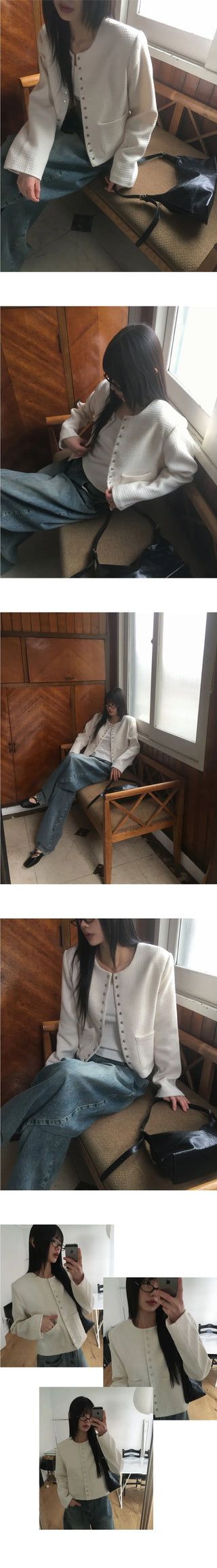 Lame snap button no collar guest look tweed jacket