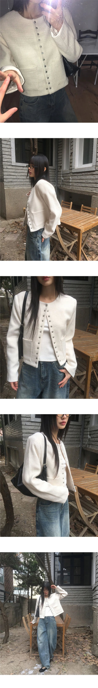 Lame snap button no collar guest look tweed jacket