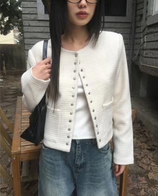 Lame snap button no collar guest look tweed jacket