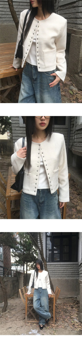 Lame snap button no collar guest look tweed jacket