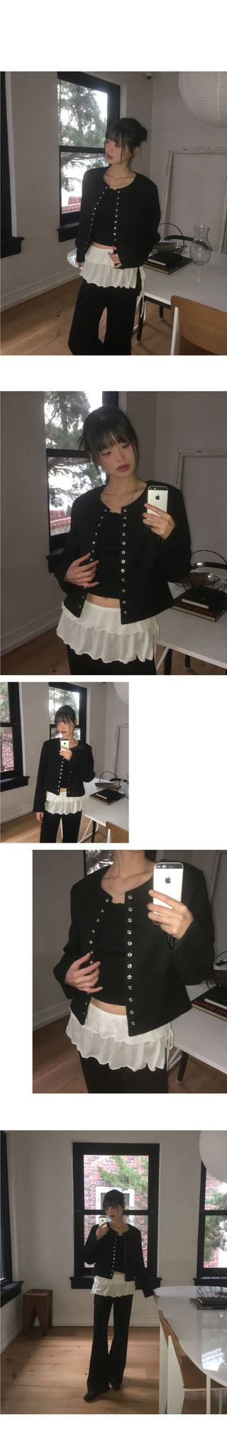 Lame snap button no collar guest look tweed jacket