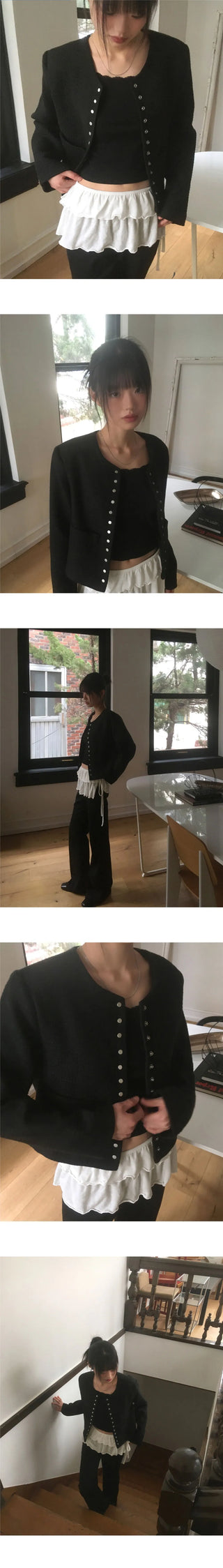 Lame snap button no collar guest look tweed jacket