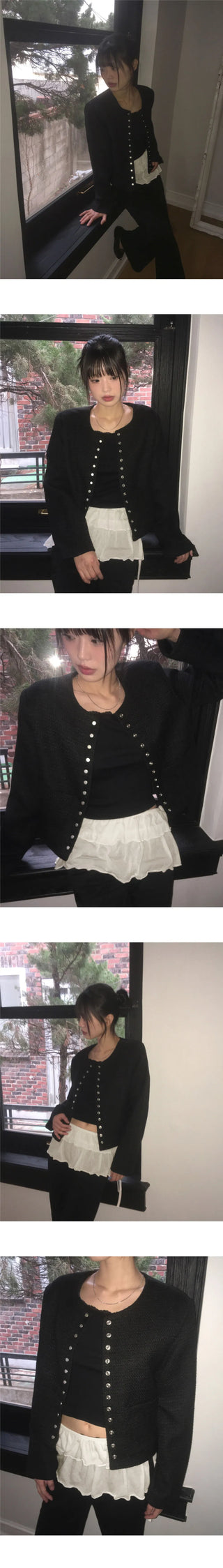 Lame snap button no collar guest look tweed jacket