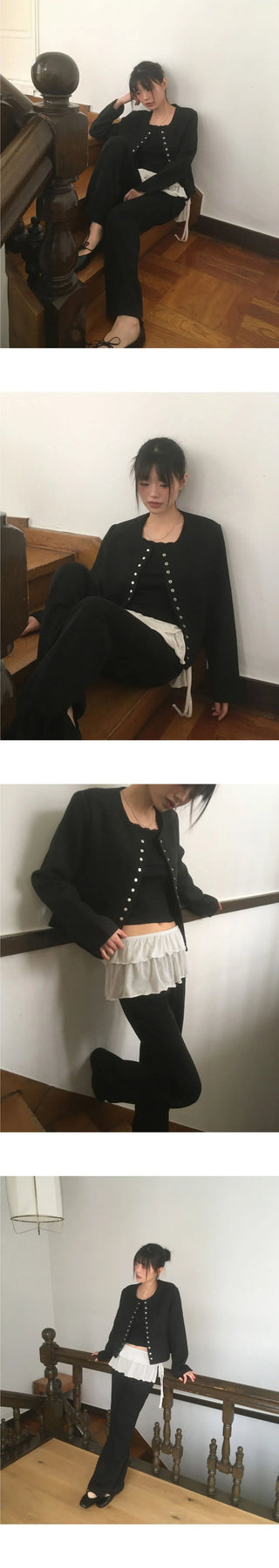 Lame snap button no collar guest look tweed jacket