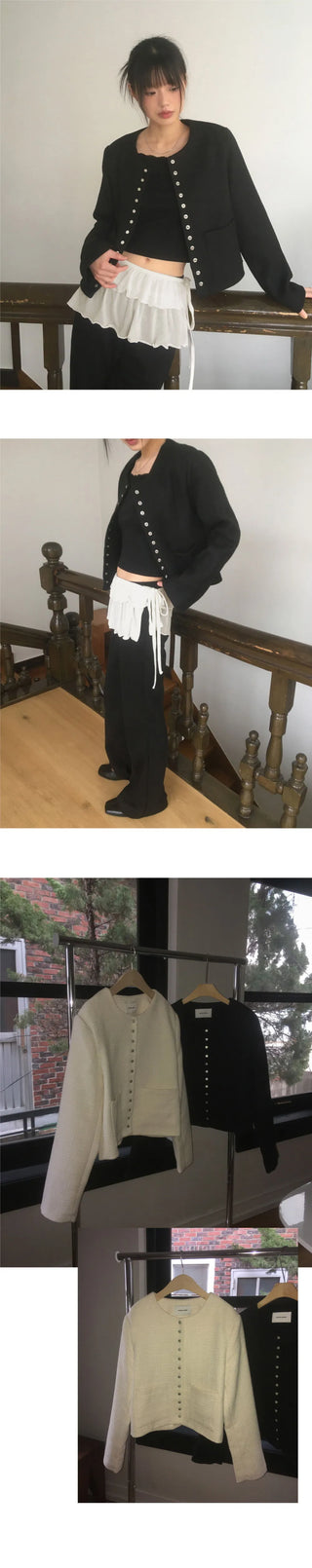 Lame snap button no collar guest look tweed jacket