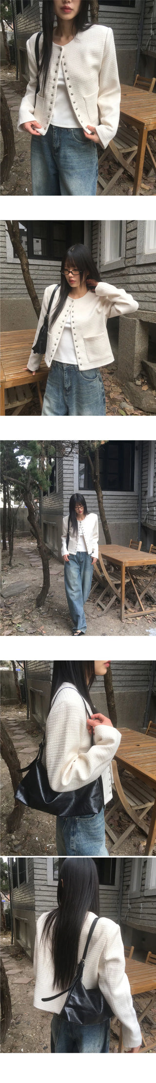 Lame snap button no collar guest look tweed jacket