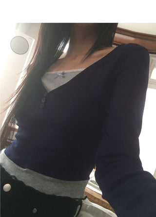 Coming lace ribbon v V-Neck button t-shirt