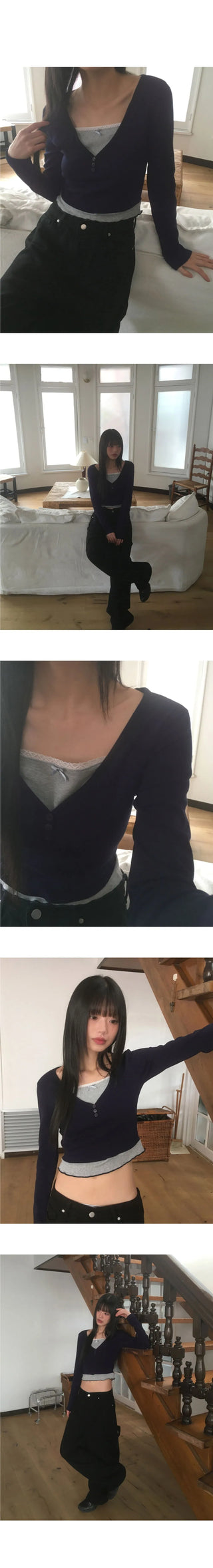 Coming lace ribbon v V-Neck button t-shirt