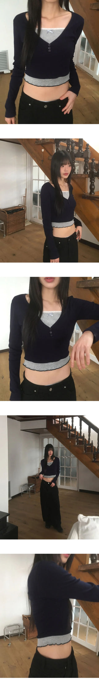 Coming lace ribbon v V-Neck button t-shirt