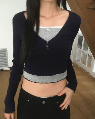 Coming lace ribbon v V-Neck button t-shirt